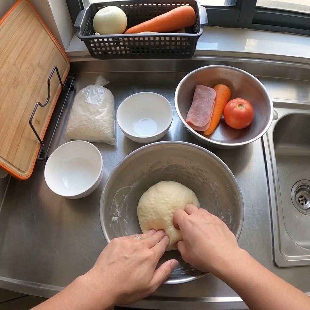 Des mains déposant du fromage râpé et du porc haché cuit sur un fond de pâte à pizza nappé de sauce, dans un récipient en métal.