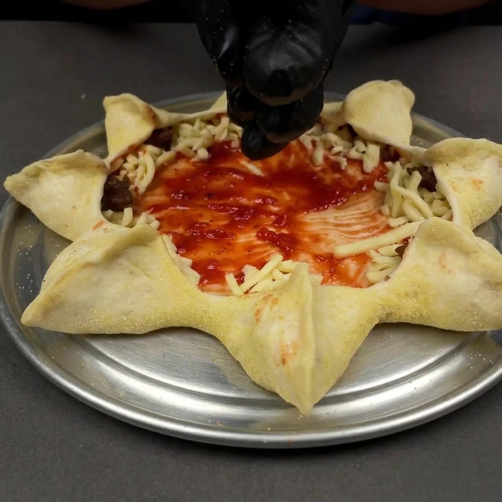 Des mains repliant les sections découpées de la pâte à pizza vers lintérieur, créant un motif en étoile autour de la garniture centrale.
