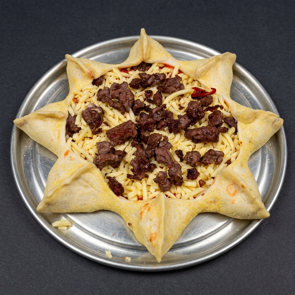 Une croûte de pizza en forme détoile garnie dun mélange de fromage râpé, de porc doré, de champignons et de petites tranches de tomates, prête à être enfournée.