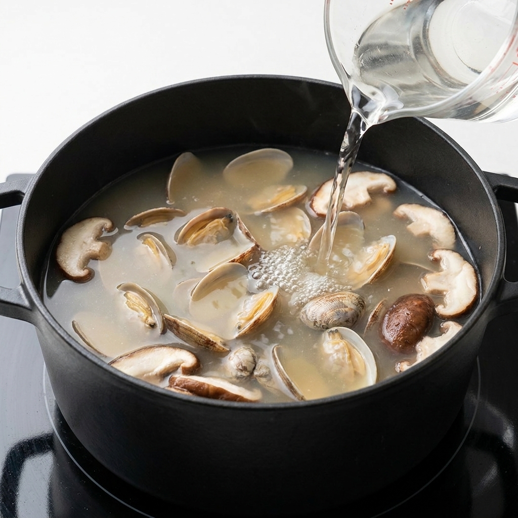 Vin de cuisine versé dans la casserole de soupe mijotante.