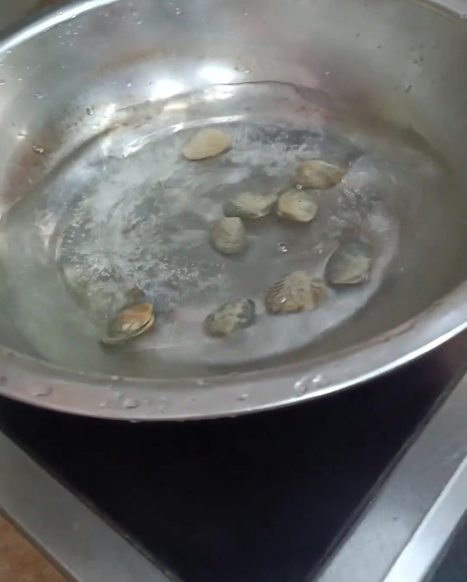 Palourdes cuisant dans une casserole deau bouillante, certaines coquilles commençant à souvrir.