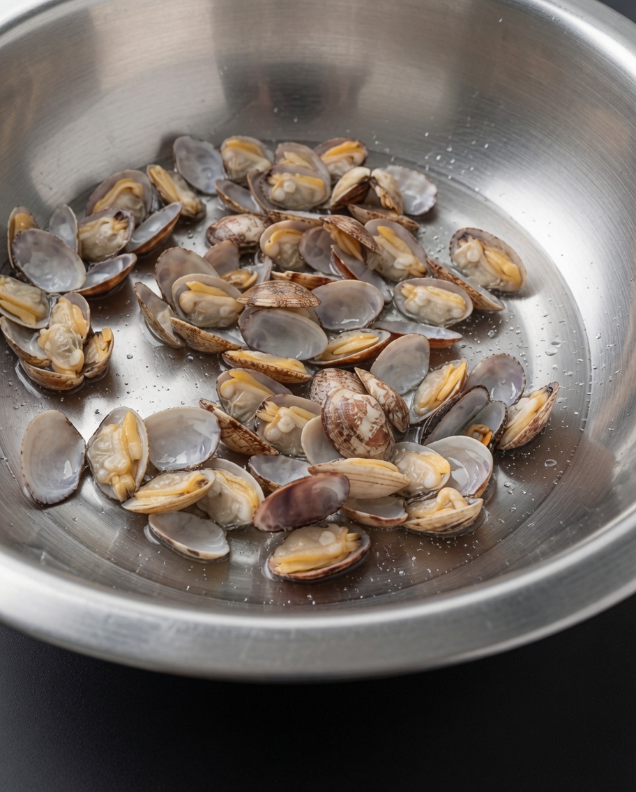 Coquilles de palourdes blanchies rincées sous un jet deau froide dans un bol en inox.