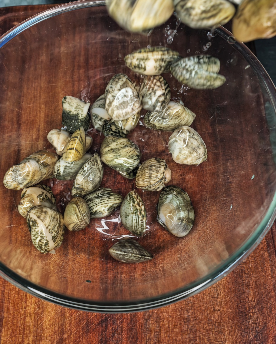 Palourdes fraîches dans un bol en verre rempli deau, de sel et dun filet dhuile.