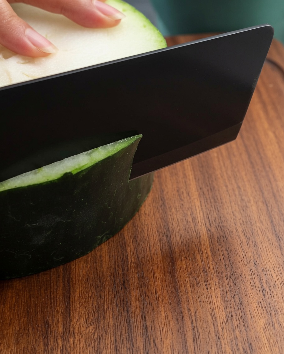 Un couteau de chef tranchant une courge cireuse sur une planche en bois.