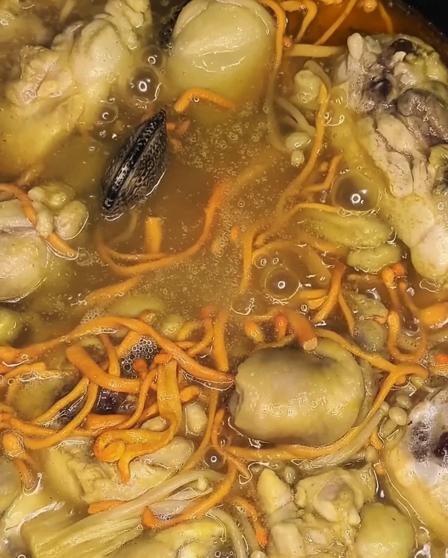 Palourdes fraîches ajoutées dans la cocotte, reposant sur le poulet et les légumes.