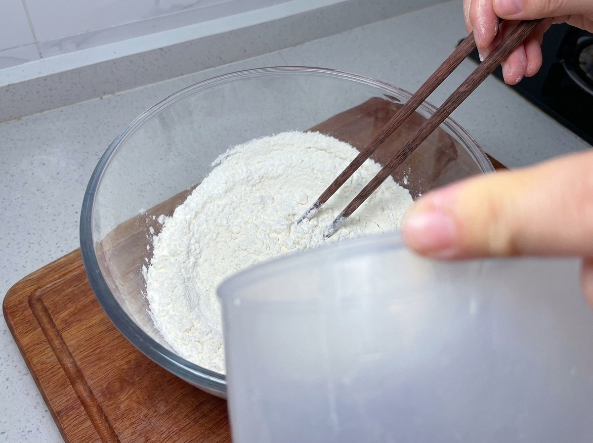 Une crêpe à loignon crue posée sur du papier cuisson, montrant une entaille du bord vers le centre.