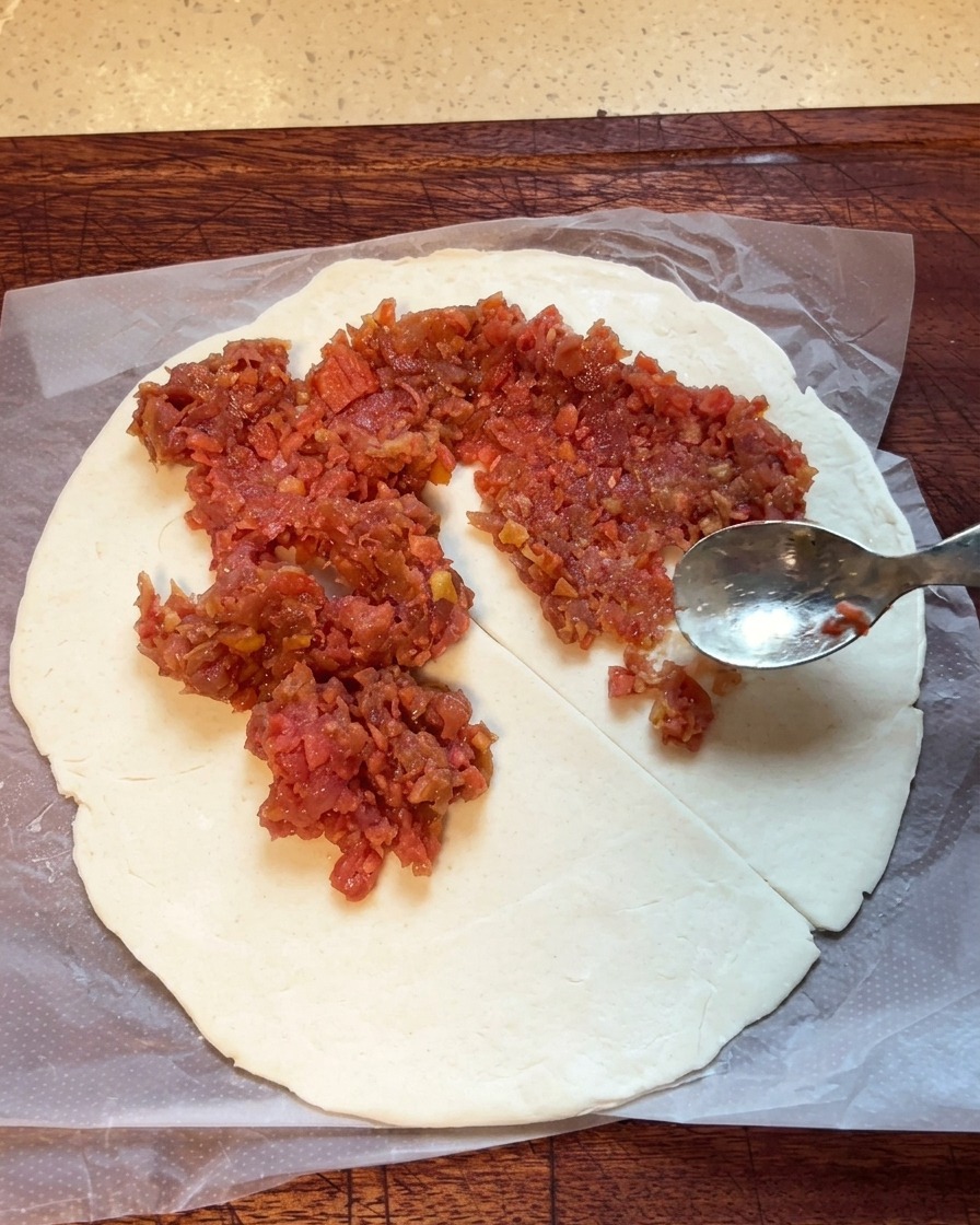 Farce de viande étalée sur une crêpe à loignon avec une cuillère en métal, couvrant la majeure partie de la surface.