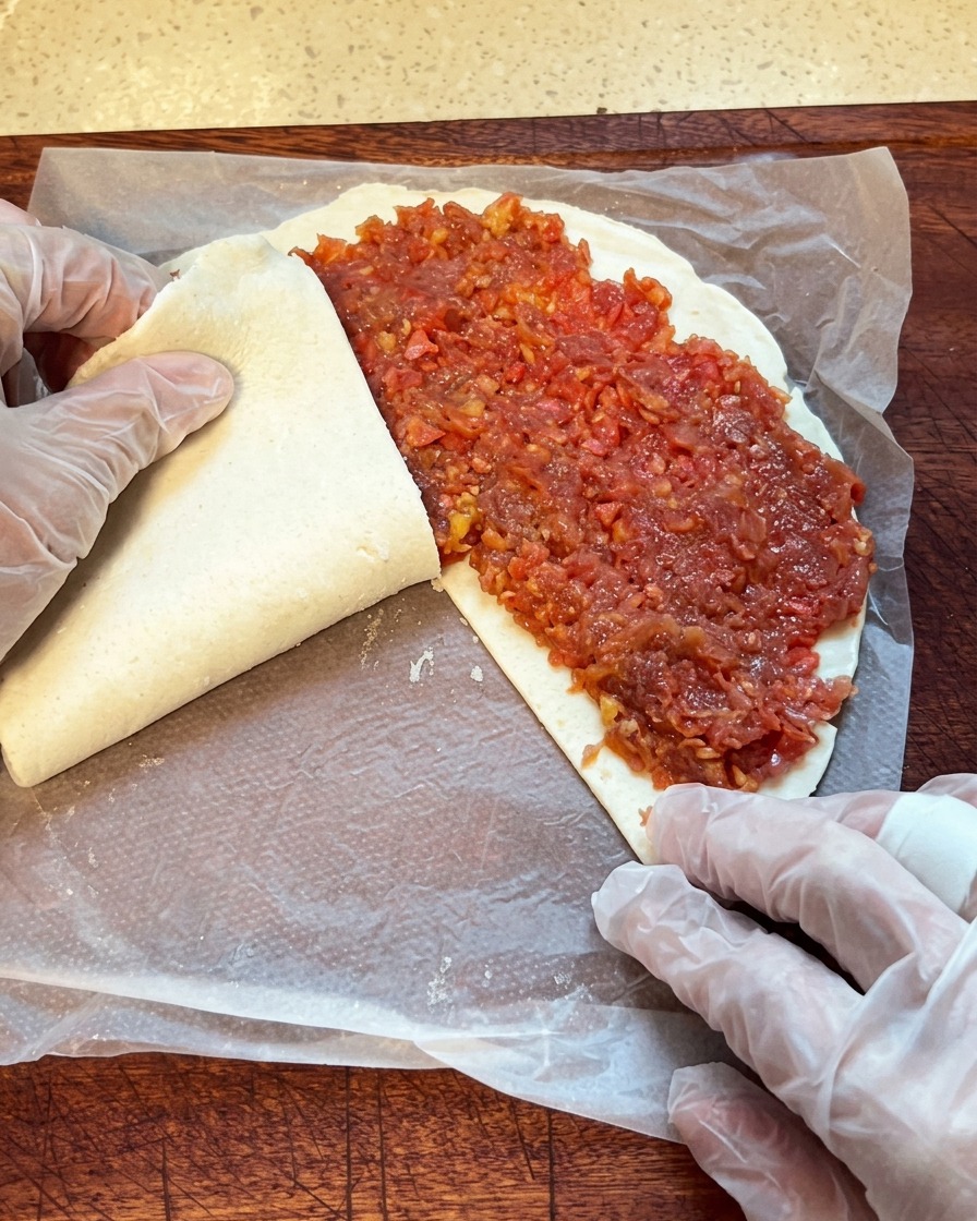 Une crêpe à loignon pliée couche par couche en portant des gants en plastique, montrant la farce à lintérieur.