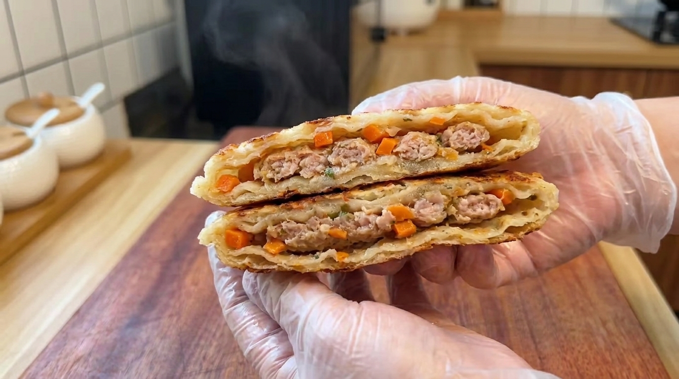 Crêpes à l'Oignon Farcies au Porc et Carottes