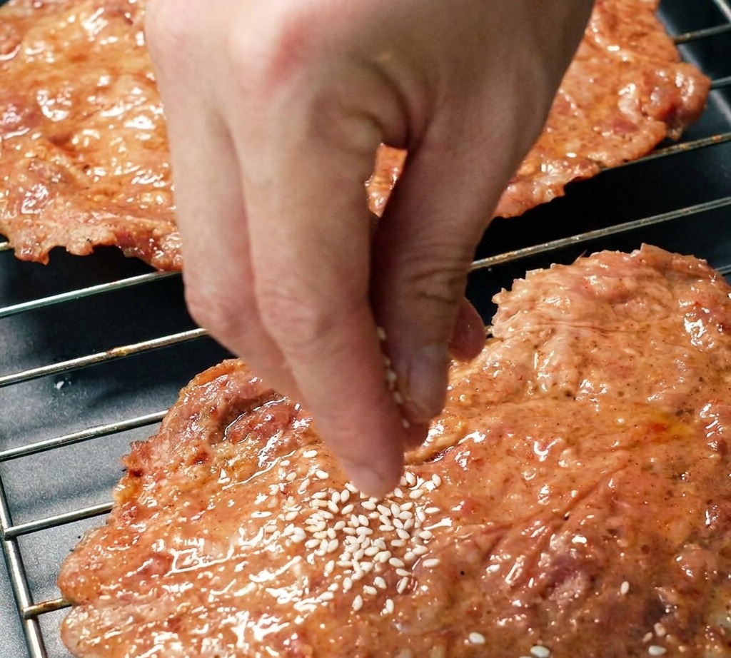 Graines de sésame blanc saupoudrées sur les tranches de jerky de porc glacées.
