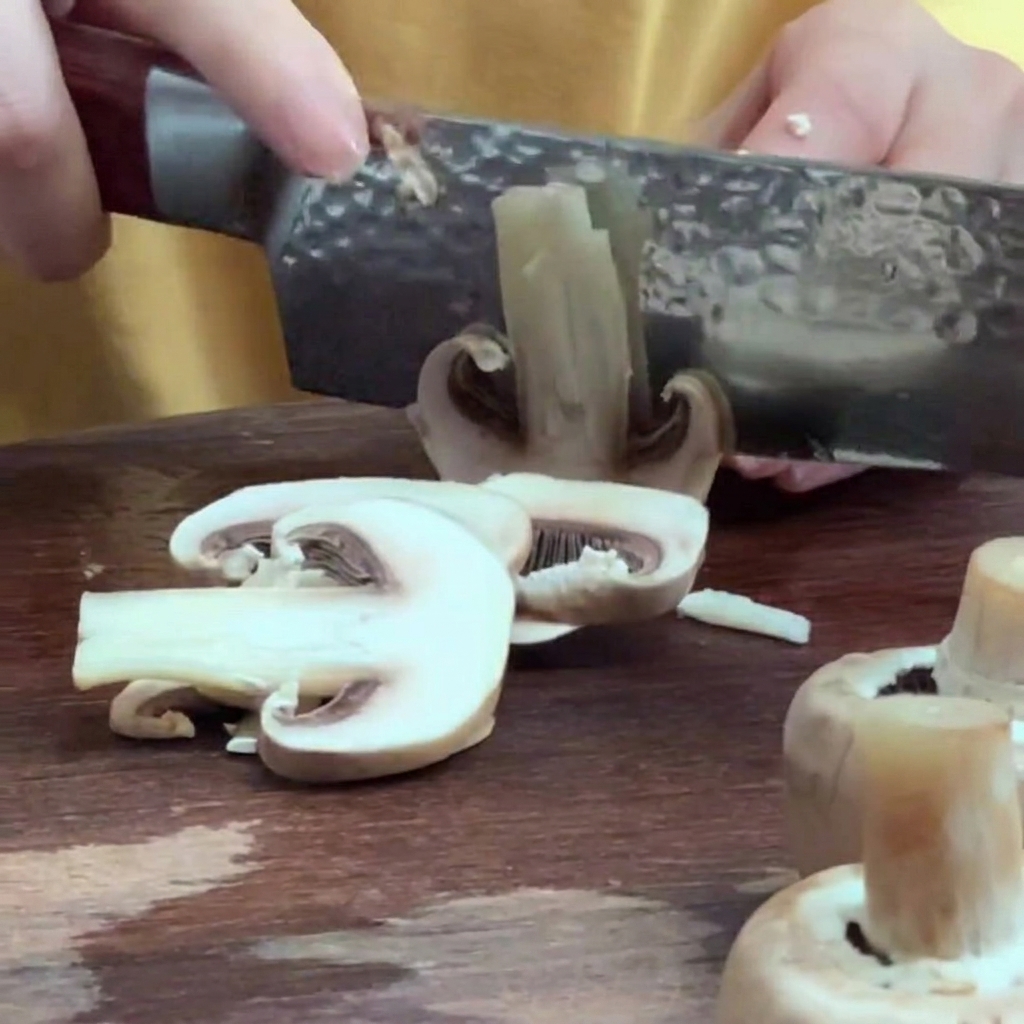 Champignons frais coupés en fines tranches régulières sur une planche à découper en bois.