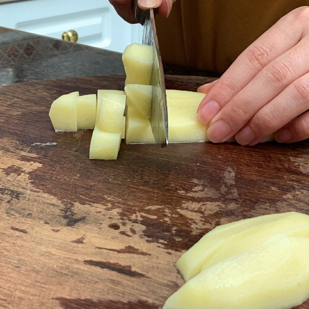 Pomme de terre épluchée coupée en petits dés réguliers sur une planche à découper.