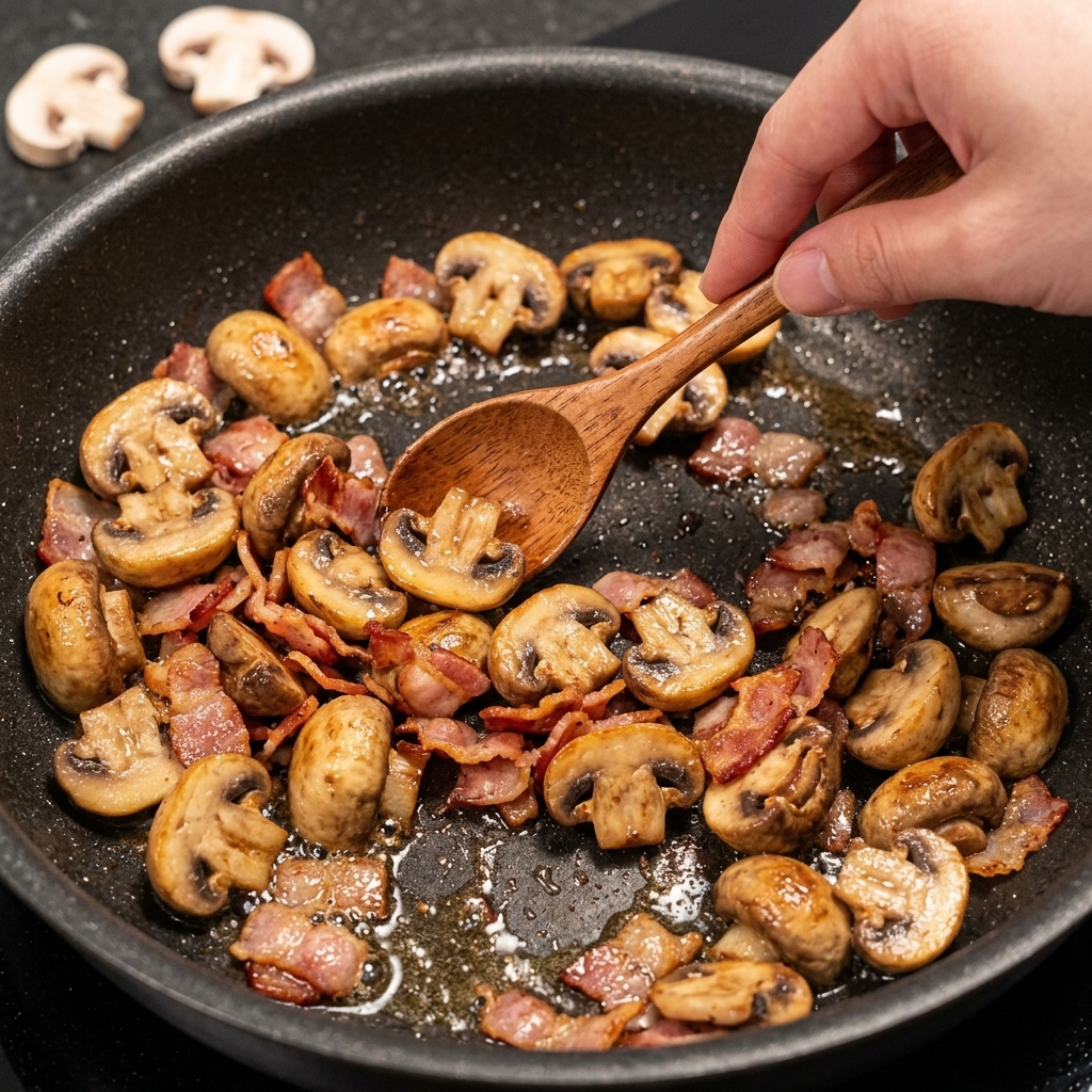 Tranches de champignons sautant dans la poêle avec les lardons.