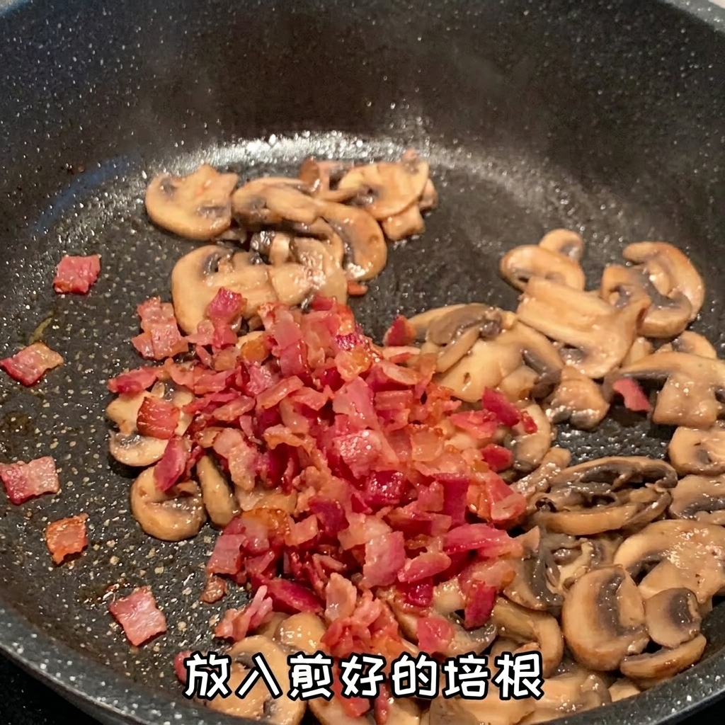 Lardons et palourdes crues ajoutés aux champignons dans la poêle.