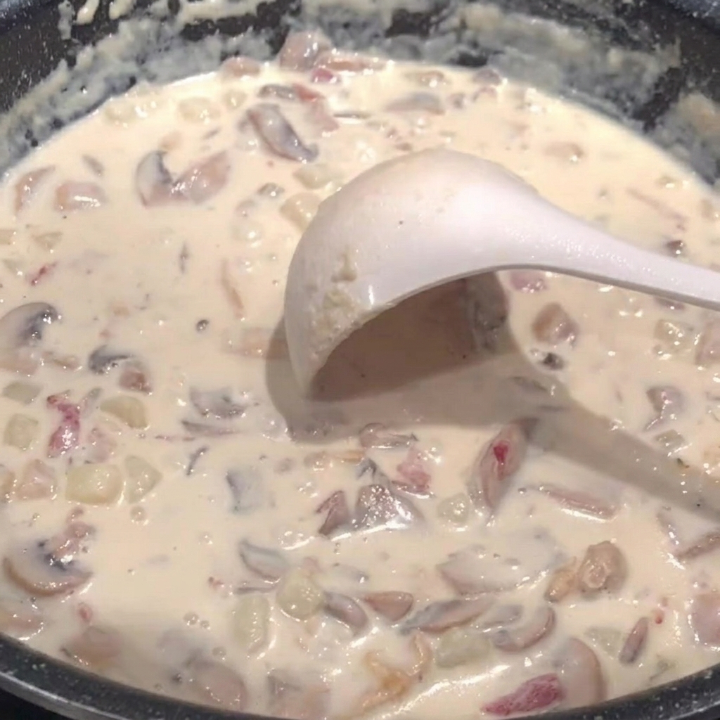 Louche dans la casserole de soupe crémeuse pendant lajout de sel.
