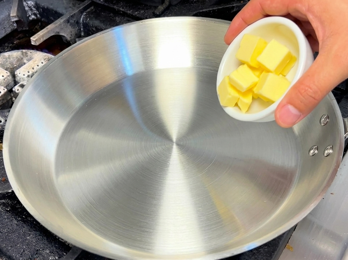 Beurre jaune fondant dans une poêle en inox sur le feu, commençant à mousser.
