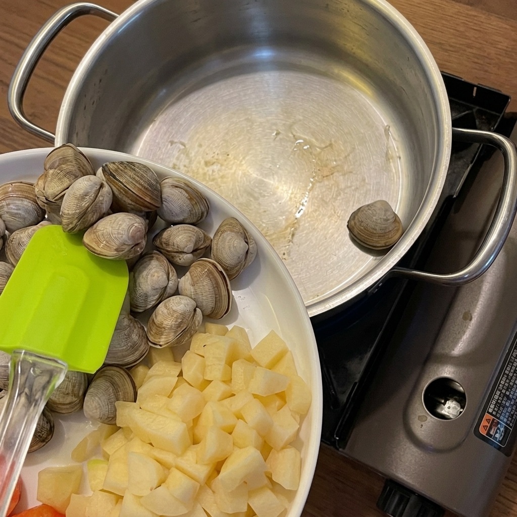 Gros plan sur des palourdes fraîches, des pommes de terre en dés et des carottes tranchées dans une casserole en acier inoxydable avant dajouter le liquide.