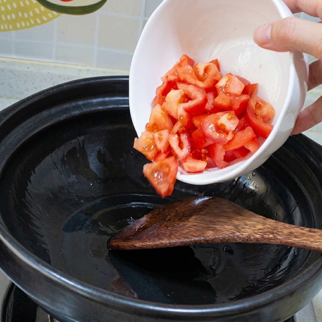 Tomates hachées revenues dans un faitout chaud jusquà ce quelles ramollissent et libèrent leur jus.