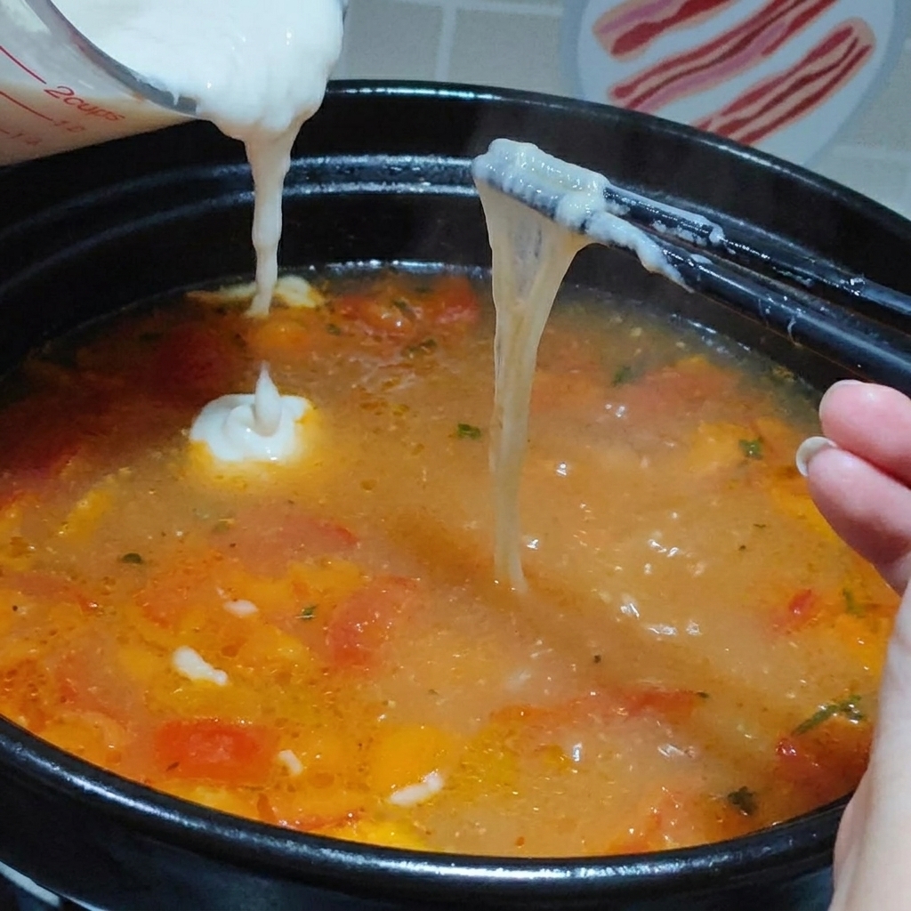 La pâte versée en filet dans une soupe bouillante pour former de petites gouttes.