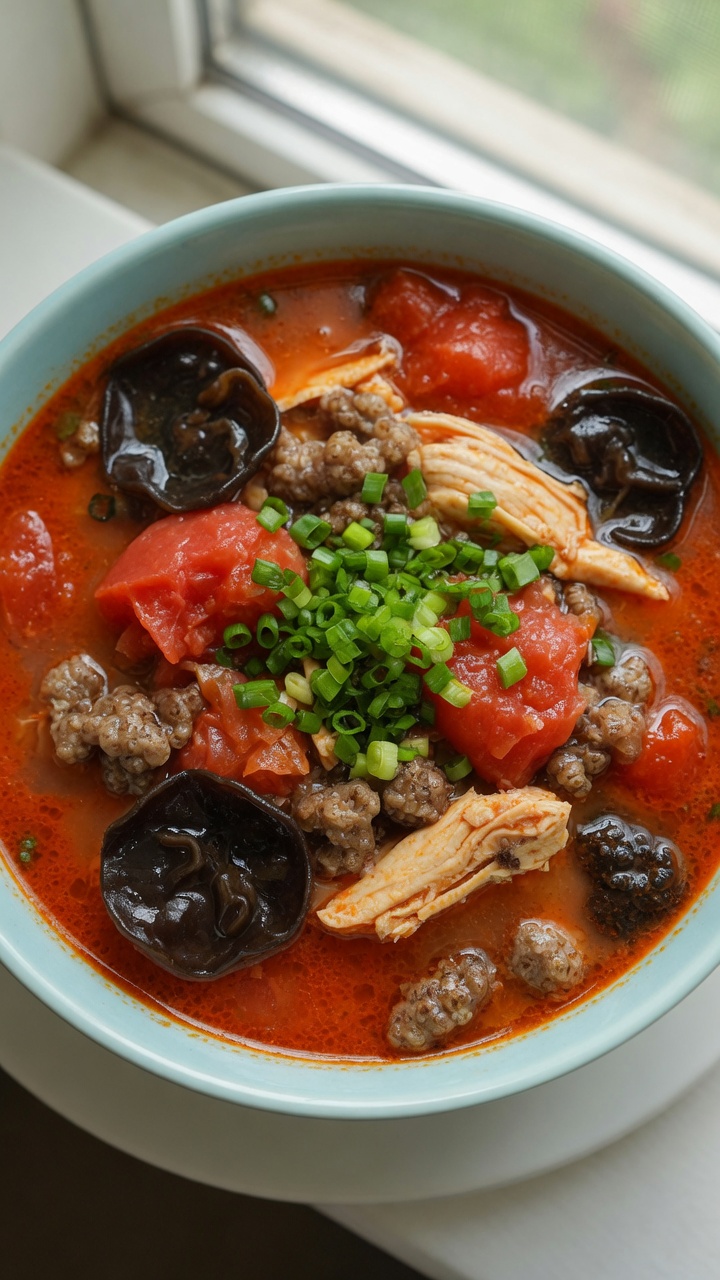 Soupe de poulet à la tomate et gnocchis de sarrasin