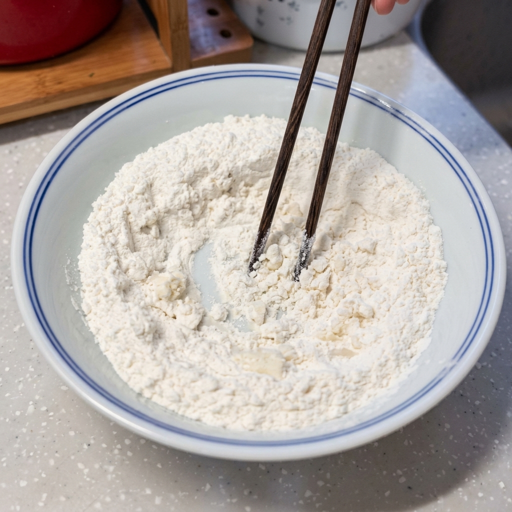 Farine dans un bol blanc remuée avec des baguettes pour créer de petites billes.