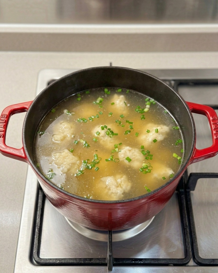 Billes de farine incorporées dans la soupe au poulet bouillante.