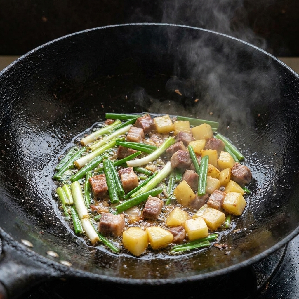 Bouillon dos versé dans un wok contenant la viande, les pommes de terre et les cébettes.