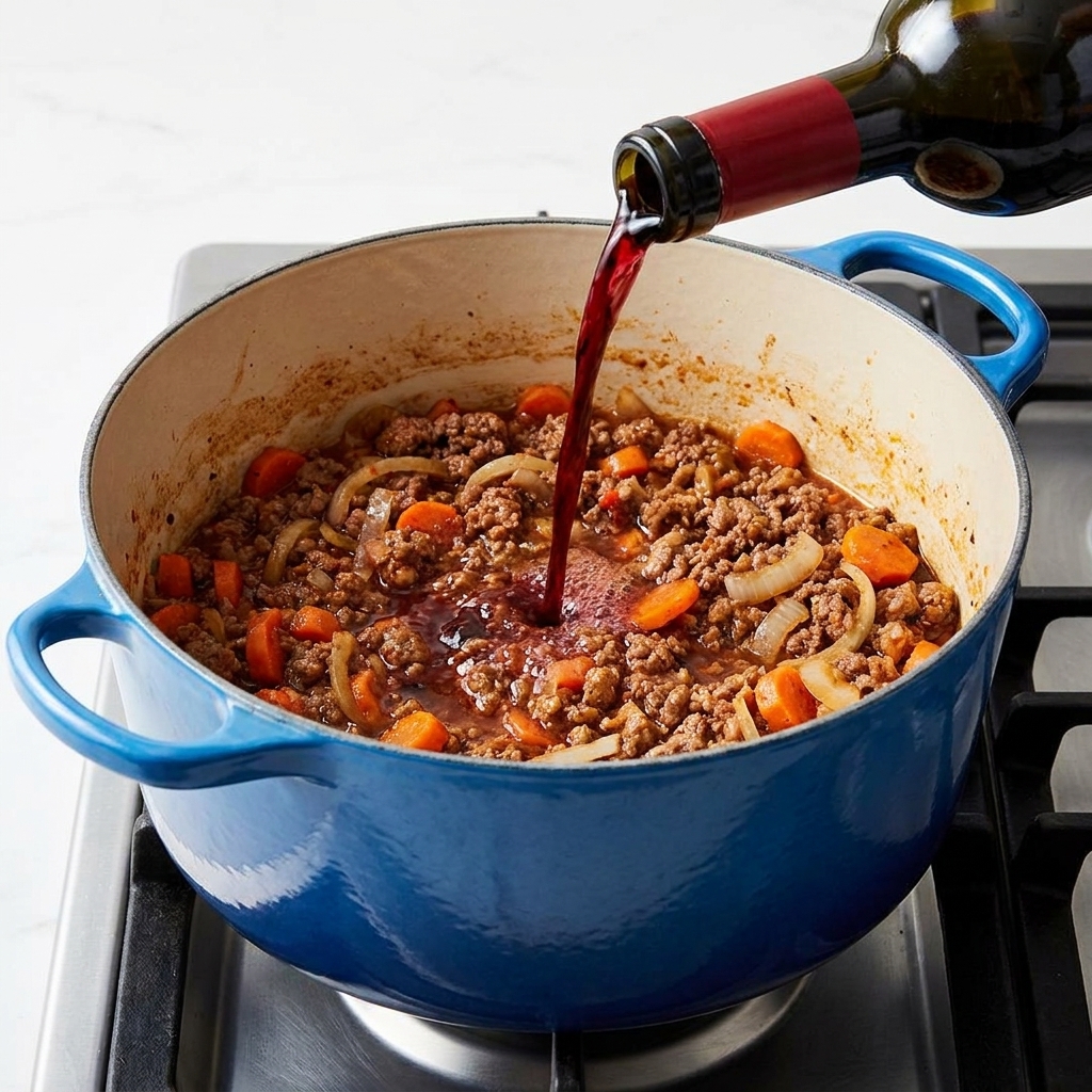 Vin rouge versé sur la viande dorée, créant de la vapeur dans la poêle.