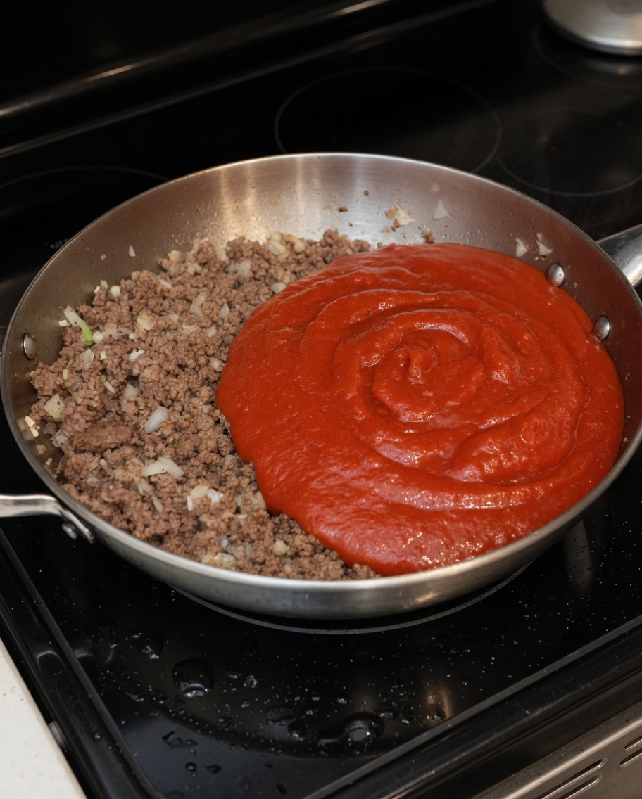 Sauce tomate riche incorporée à la base de viande et de légumes dans une grande poêle.