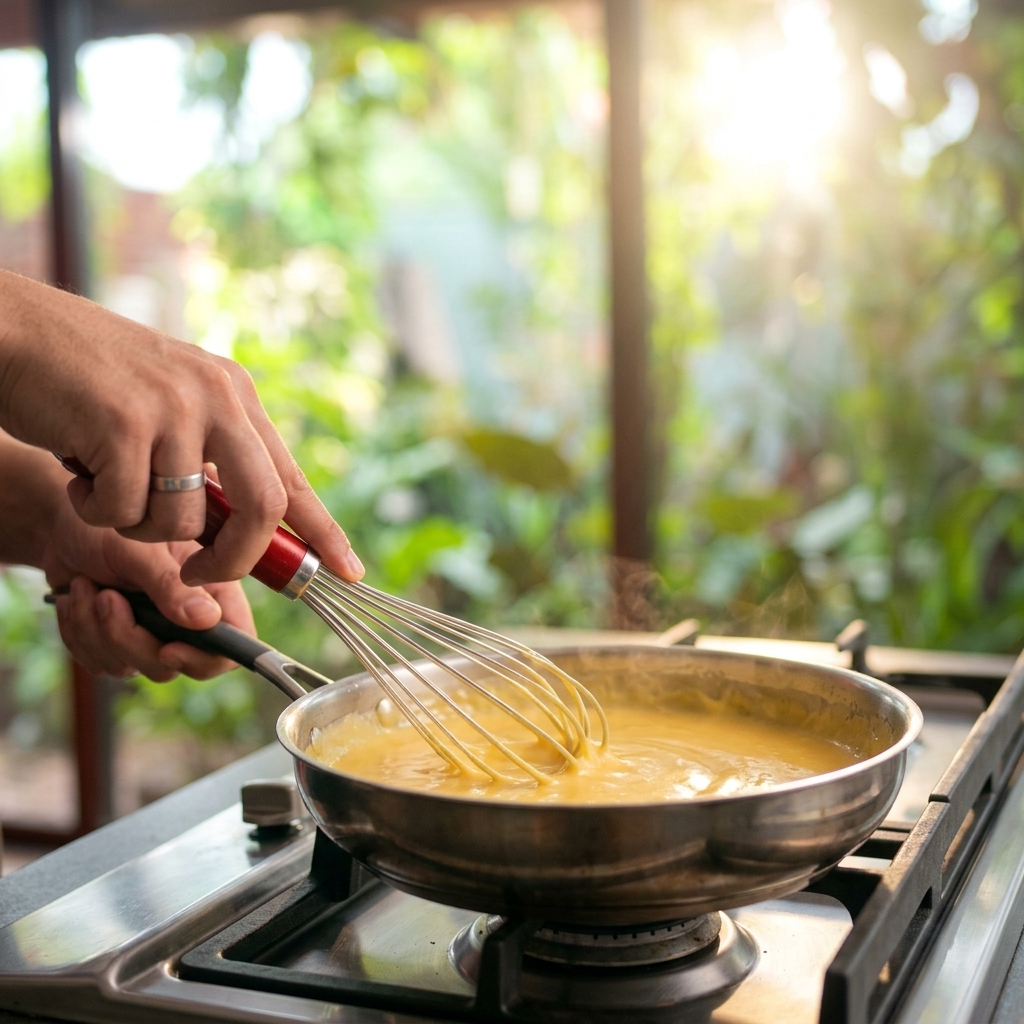 Sauce blanche épaississant dans une poêle tandis que le lait est fouetté dans le roux.