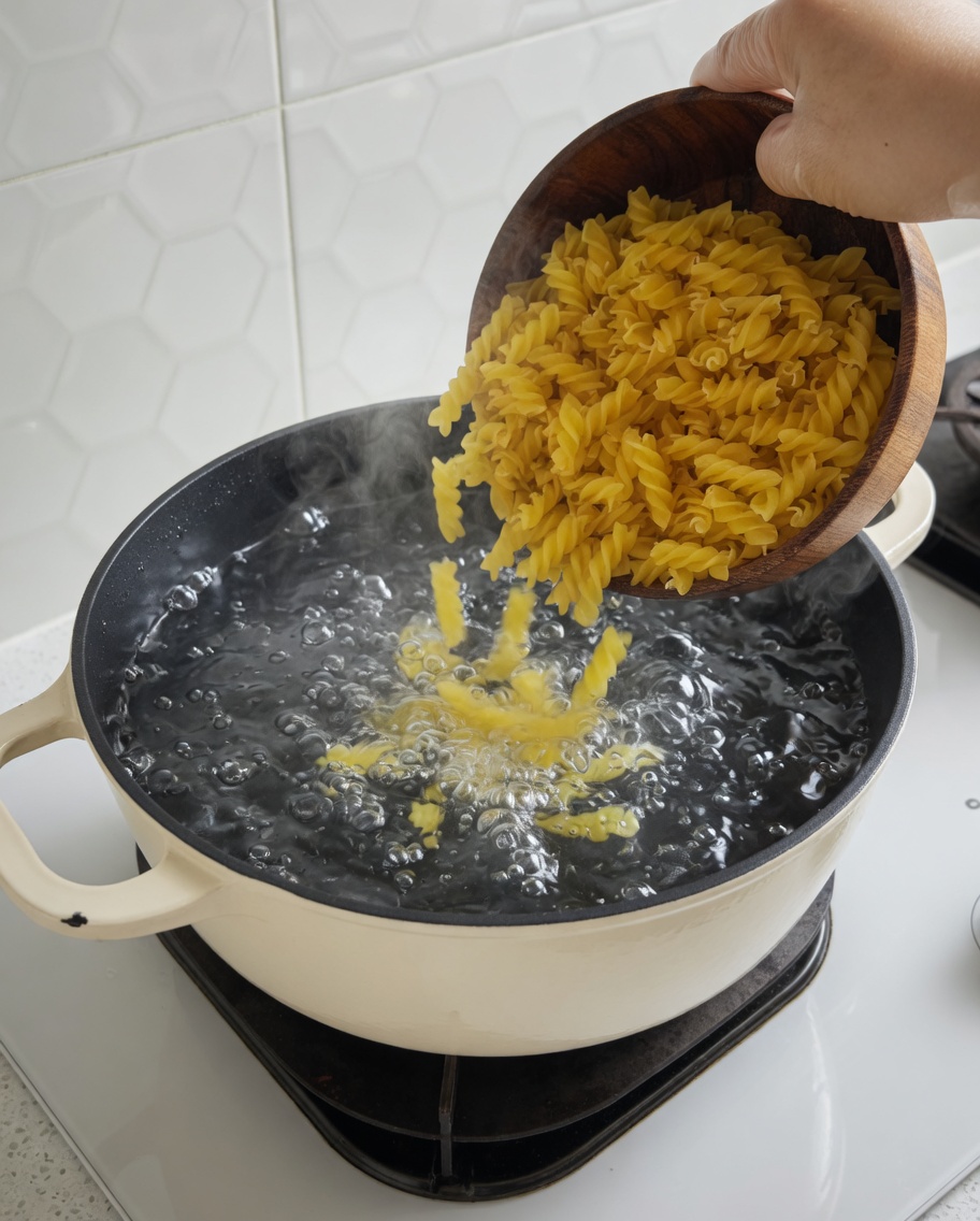 Fusilli versés dans une grande casserole deau bouillante.