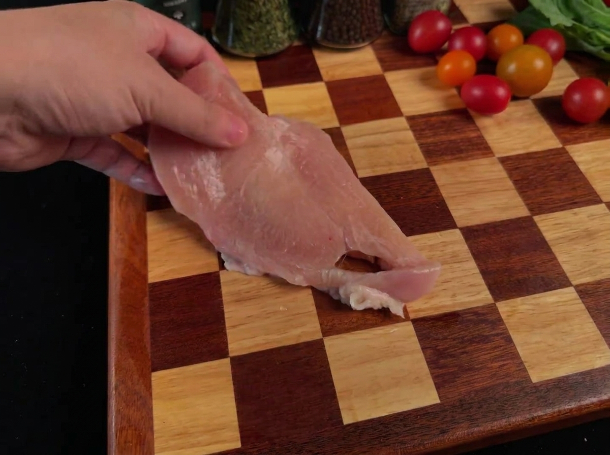 Morceaux de blanc de poulet aplatis sur une planche à découper en bois après avoir été battus.
