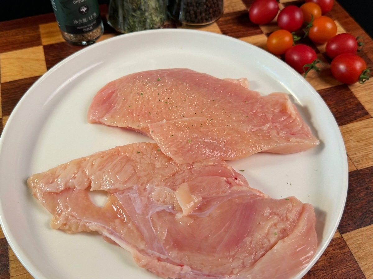 Morceaux de blanc de poulet assaisonnés reposant sur une assiette blanche.