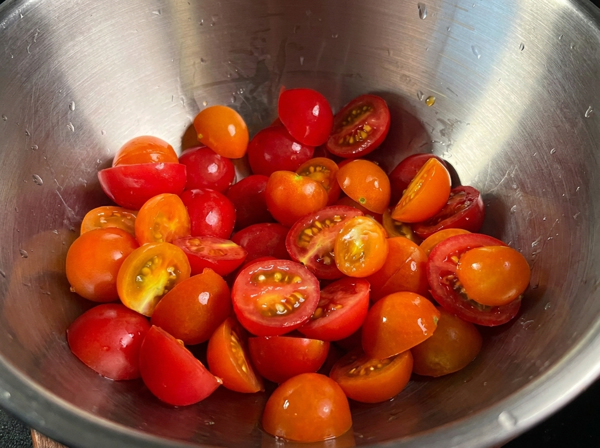 Tomates cerises coupées en deux dans un bol en métal, prêtes pour la sauce.