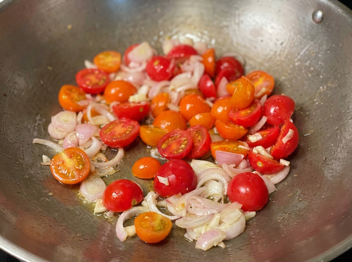Une poêle contenant une sauce tomate épaisse et mijotée avec des herbes et des aromates.