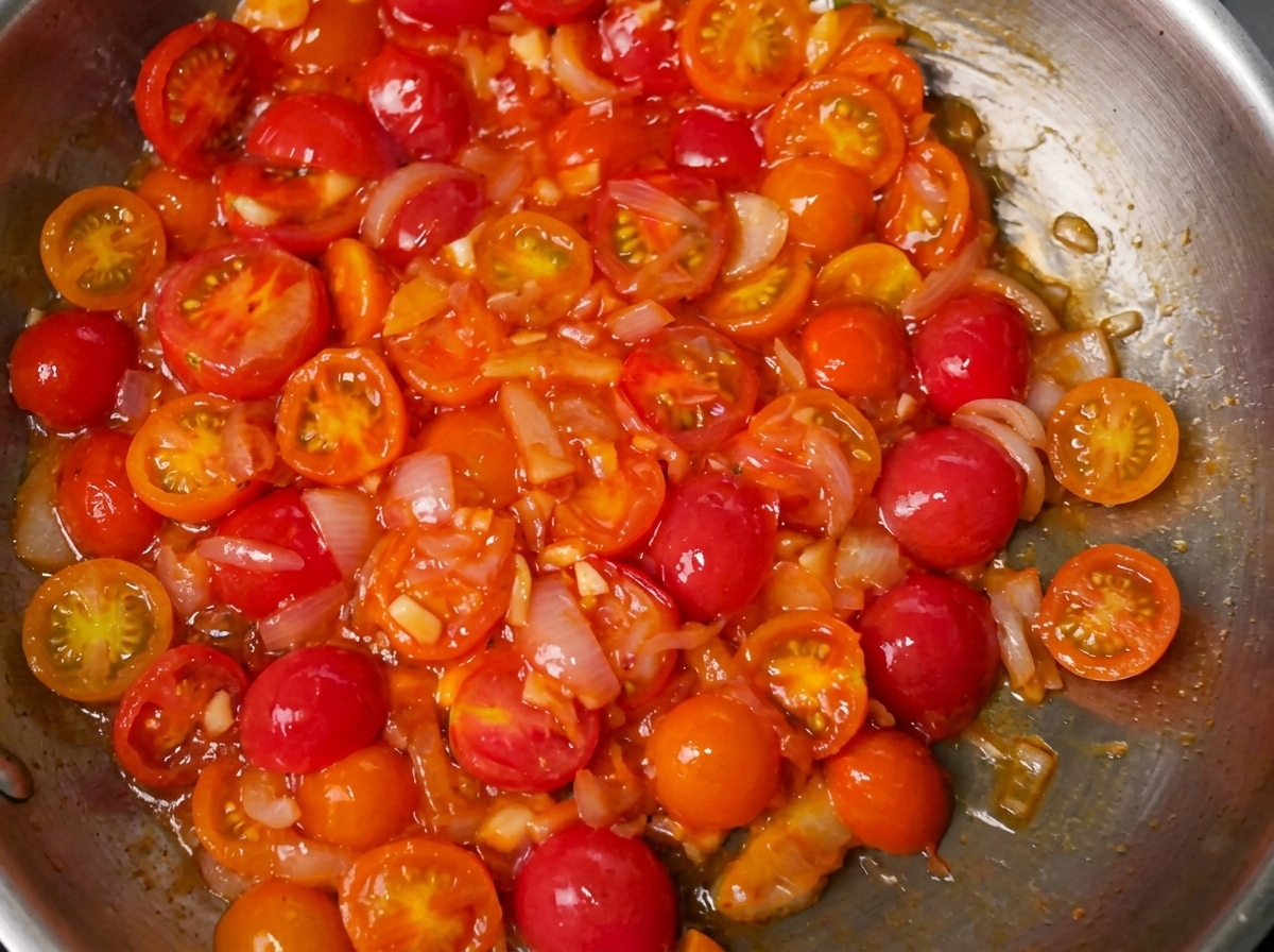 Sauce tomate mijotant dans une poêle avec ajout dherbes et dassaisonnements.