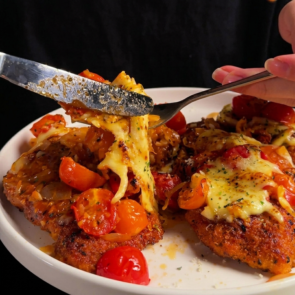 Escalope de poulet soigneusement enrobée dun mélange de chapelure et de parmesan.