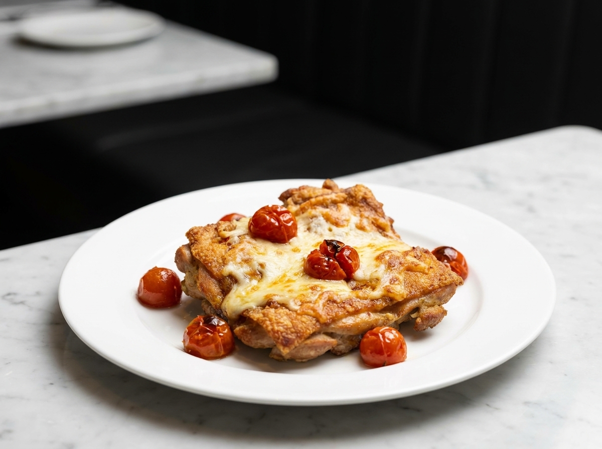 Sauce tomate épaisse étalée sur les escalopes de poulet frites dans la poêle.