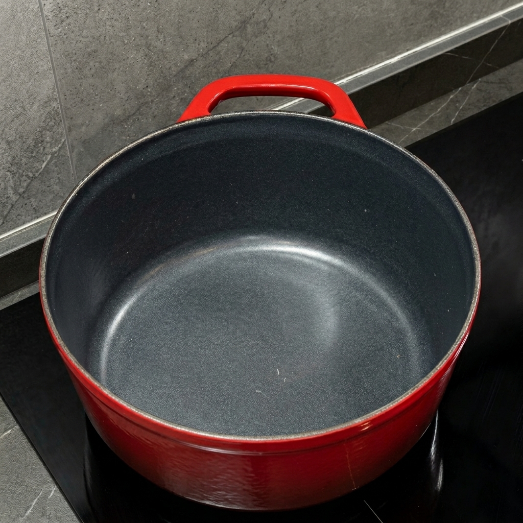 Un bloc de beurre fondant dans une casserole rouge, commençant à se liquéfier.
