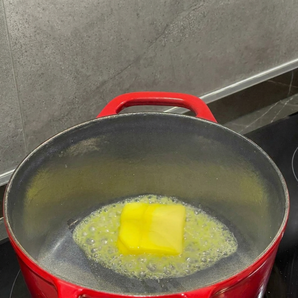 Farine fouettée dans le beurre fondu dans une casserole pour former une pâte épaisse et lisse.