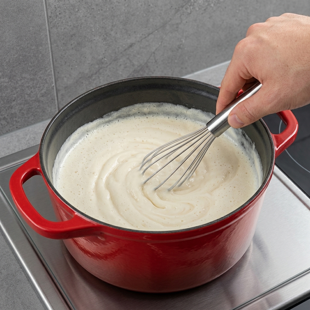 Un fouet mélangeant le cheddar coupé et le parmesan râpé dans une sauce blanche crémeuse dans une casserole rouge.