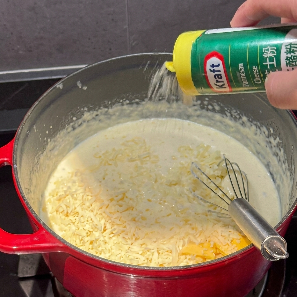 Poudre de fromage saupoudrée depuis un récipient dans une casserole de sauce au fromage crémeuse.