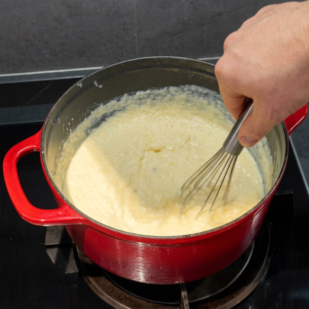 Gros plan sur un fouet remuant une sauce au fromage crémeuse dans une casserole rouge, avec des éclats de poivre noir visibles.