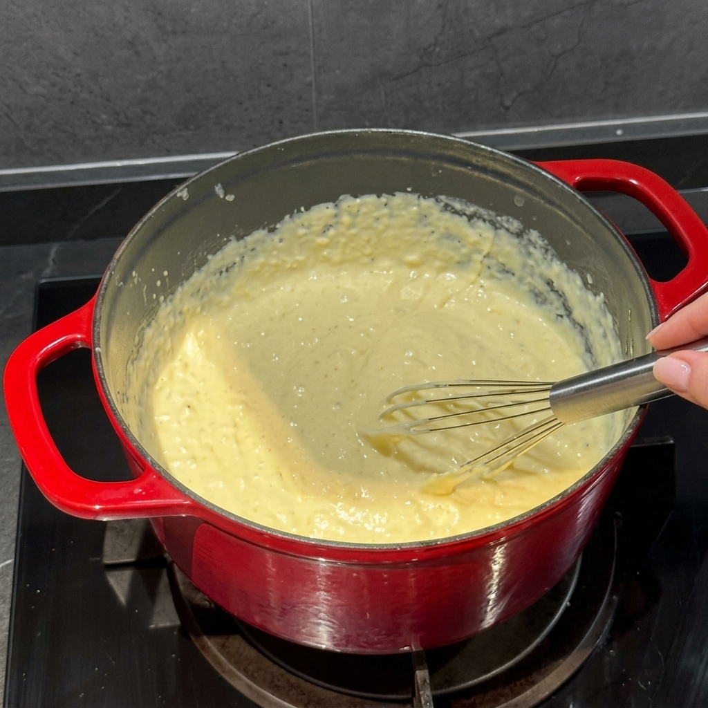Macaronis mélangés dans une sauce au fromage épaisse et crémeuse dans une casserole rouge.