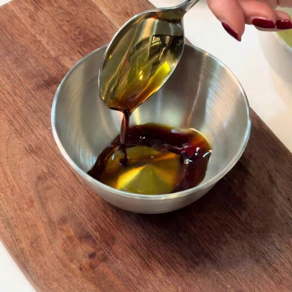 Un bol en métal contenant les ingrédients de la sauce préparée en cours de mélange avec une cuillère.