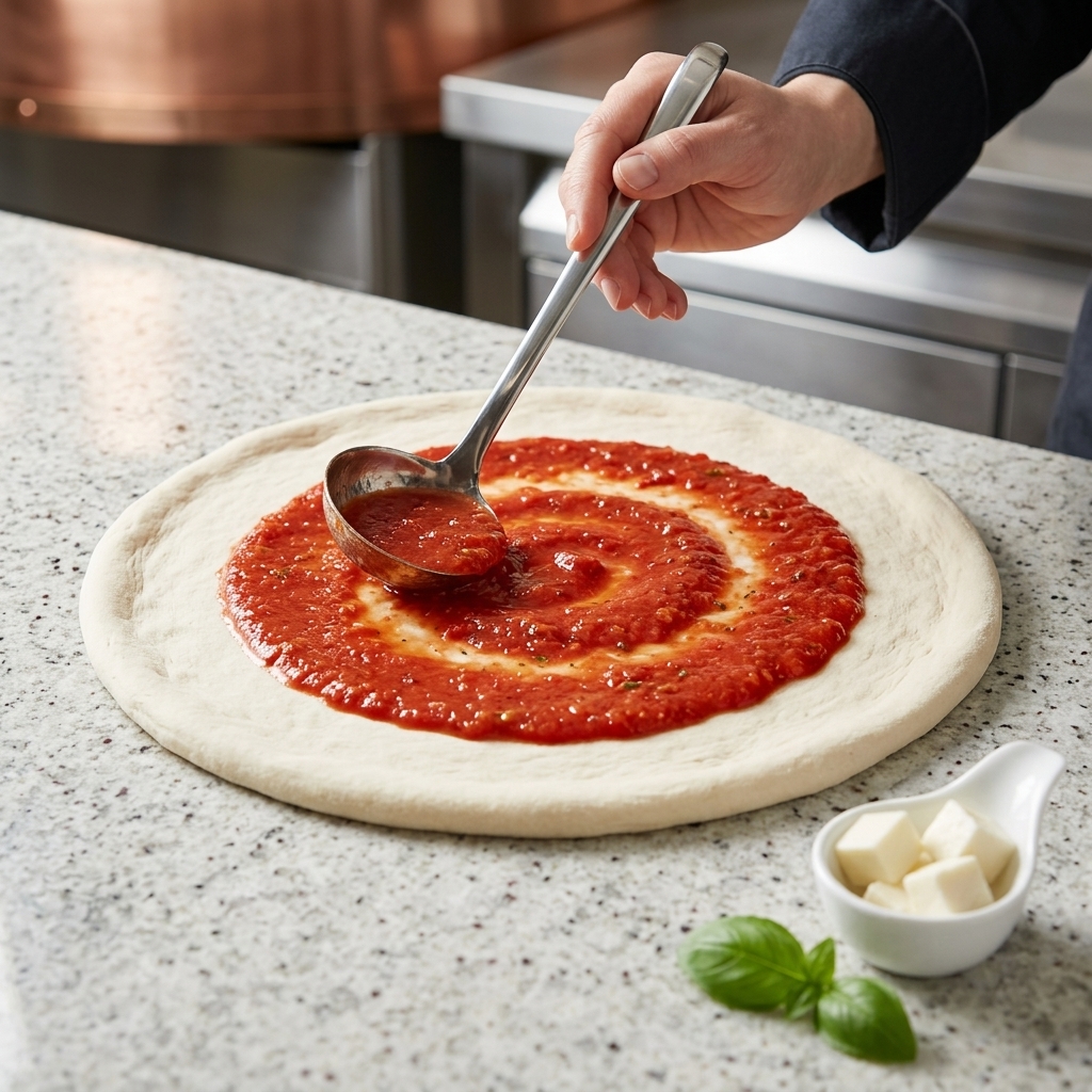 De la sauce tomate étalée sur une base de pâte à pizza ronde avec une louche.