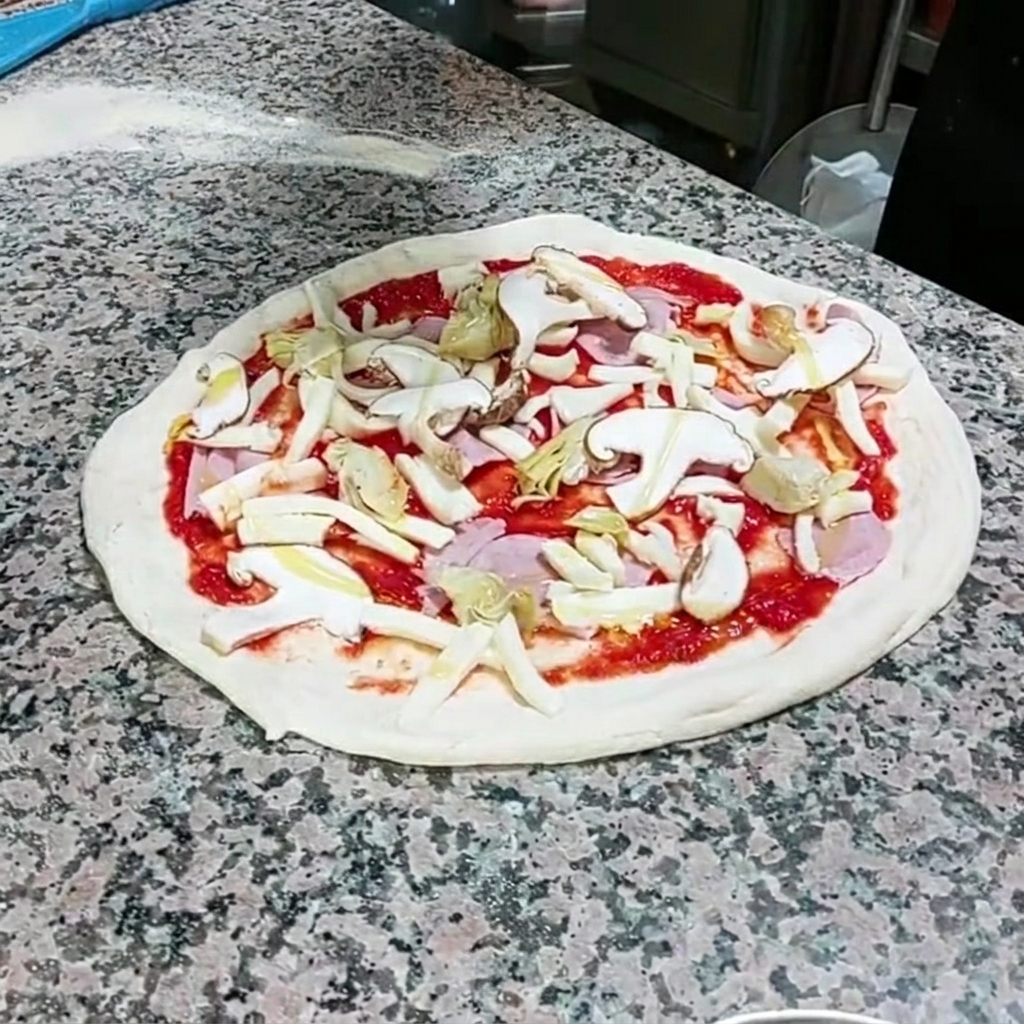 De lhuile dolive versée en filet fin sur la garniture de la pizza.