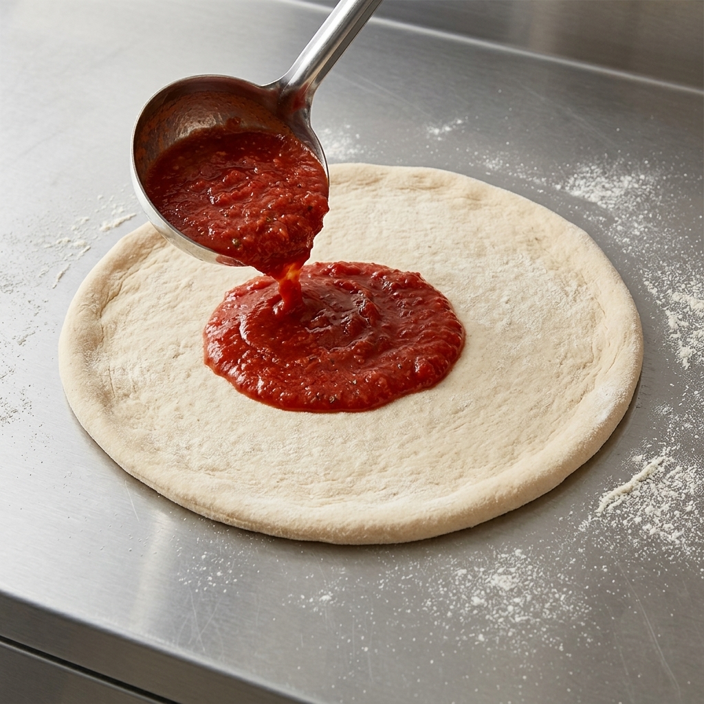 Une louche étalant une sauce tomate riche en mouvements circulaires sur une pâte à pizza fraîche.