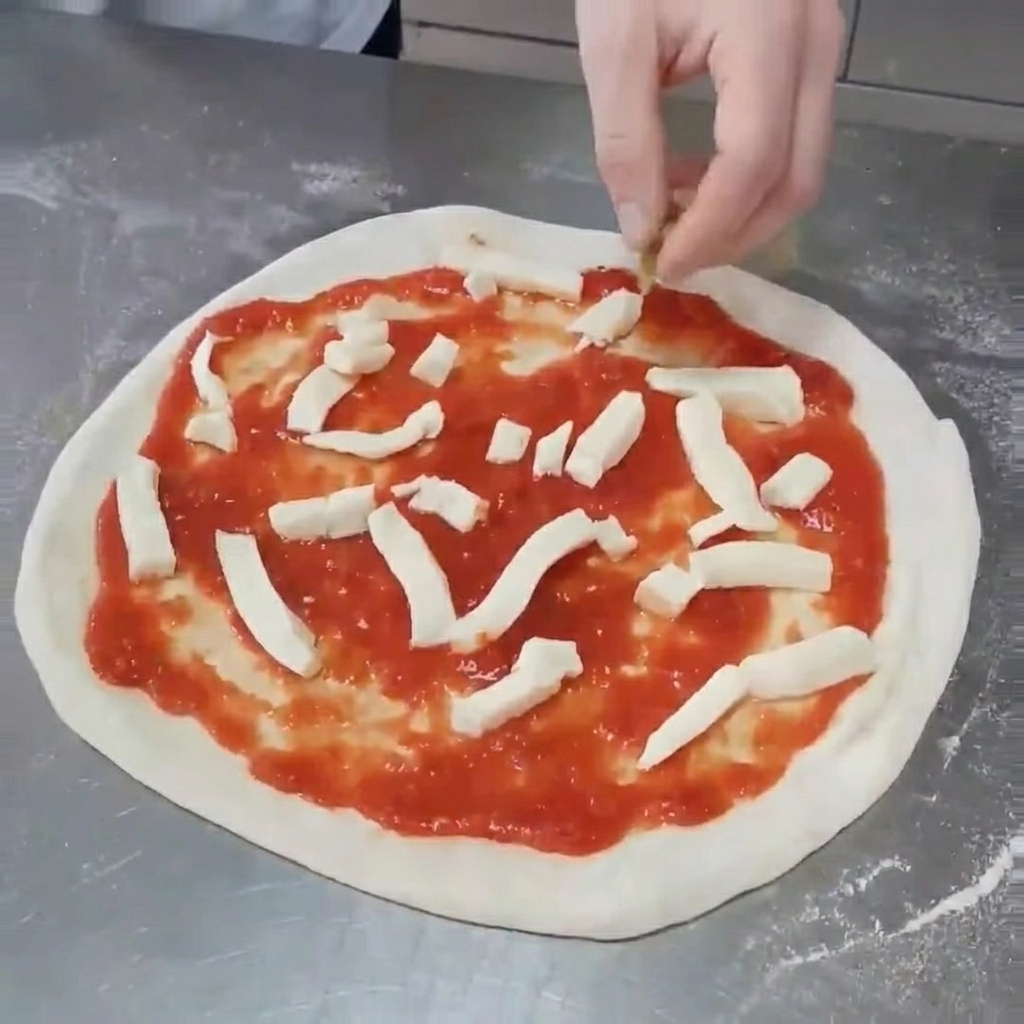 Des moitiés dartichauts grillés délicatement déposées sur la pizza, sur la mozzarella et la sauce.