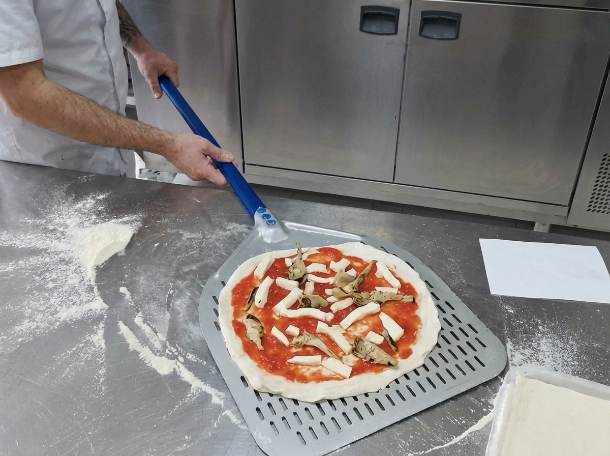Une pelle à pizza en métal glissant une pizza crue dans un four à pizza professionnel brûlant.